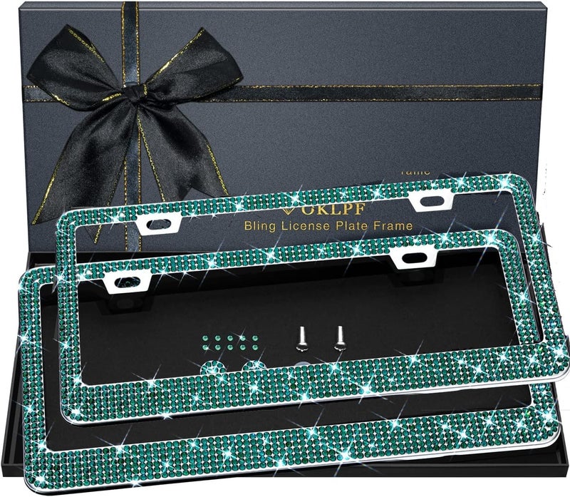 Bling License Plate Frame for Women, 2PCS Sparkly License Plate Frames| Over 1200 pcs14 Facets Bedazzled Clear Glass Diamond Rhinestone Crystals w/Free Glitter Diamond Box (Green)